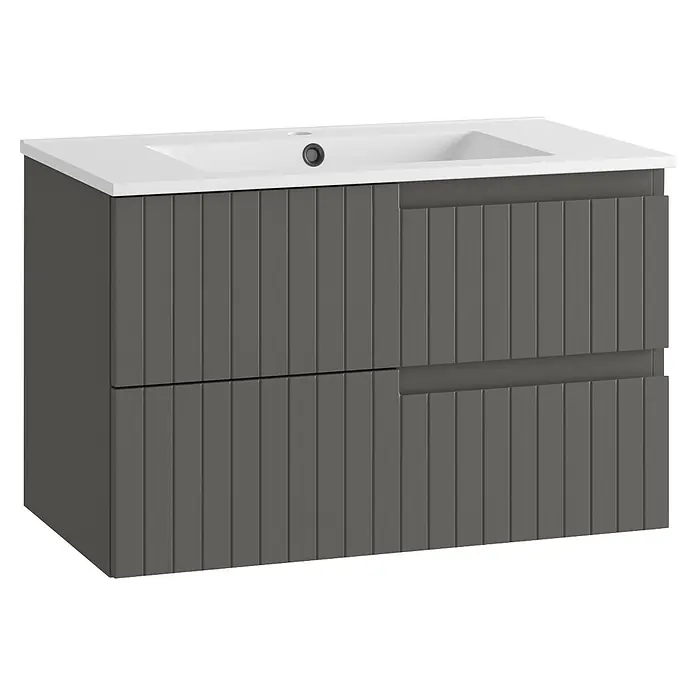 Mueble bajo de lavabo Claire - L x An x Al: 45 x 80 x 50 cm, Gris, 1 seno, salida central, Número de cajones: 2 ud. - Mueble de baño gris con lavabo blanco y dos cajones, con detalles de lamas verticales.