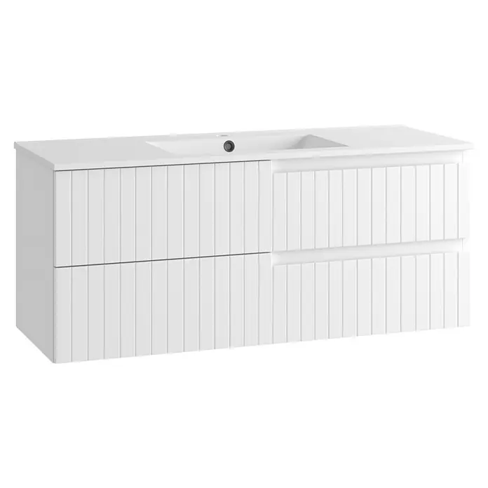 Mueble bajo de lavabo Claire - L x An x Al: 45 x 120 x 50 cm, Blanco, 1 seno, salida central, Número de cajones: 2 ud. - Mueble de baño moderno blanco con lavabo integrado, con frentes de cajón acanalados verticalmente.