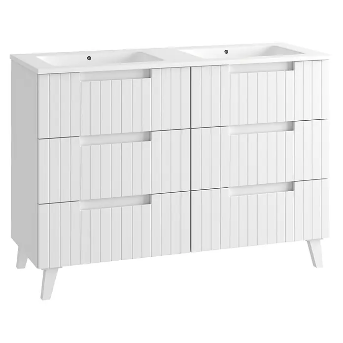 Mueble bajo de lavabo Claire - An x Pr x Al: 120 x 45 x 50 cm, Blanco, 2 senos, sobreponer - Mueble de baño blanco de doble lavabo con frentes de cajón acanalados y patas.
