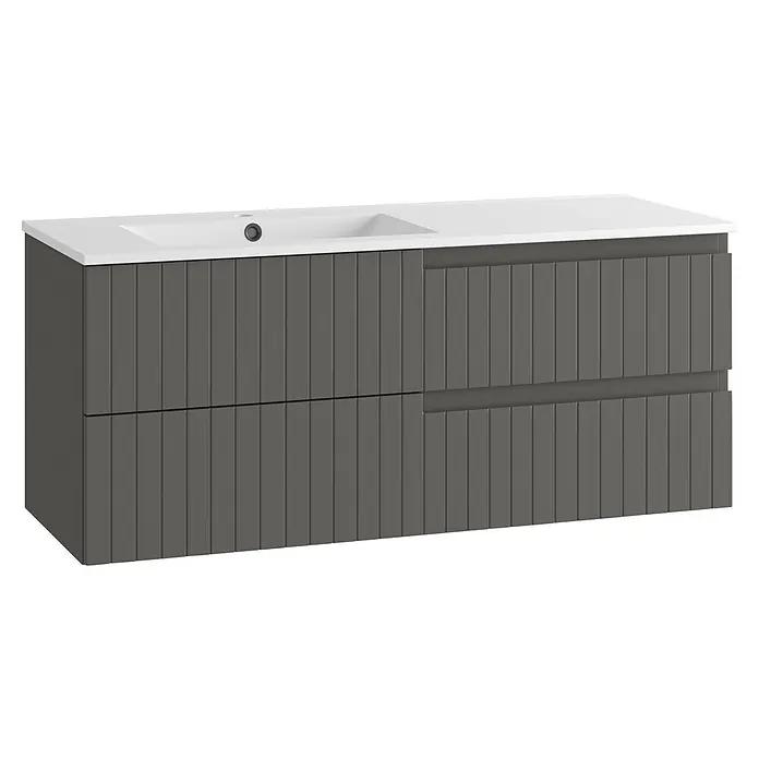 Mueble bajo de lavabo Claire - An x Pr x Al: 120 x 45 x 50 cm, Gris, 1 seno, sobreponer, salida izquierda - Mueble de baño gris acanalado con lavabo blanco integrado y dos cajones.