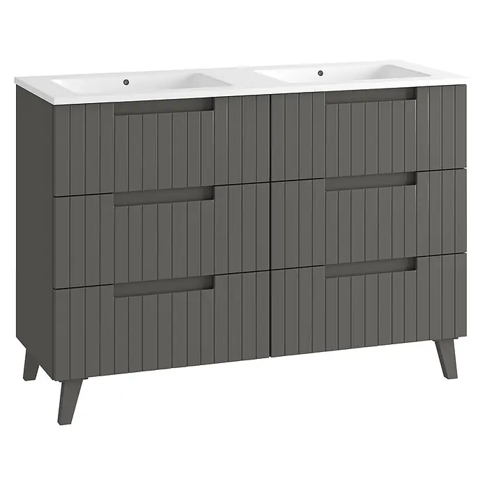 Mueble bajo de lavabo Claire - An x Pr x Al: 120 x 45 x 50 cm, Gris, 2 senos, sobreponer - Mueble de baño doble gris oscuro estriado con dos lavabos blancos y patas anguladas.