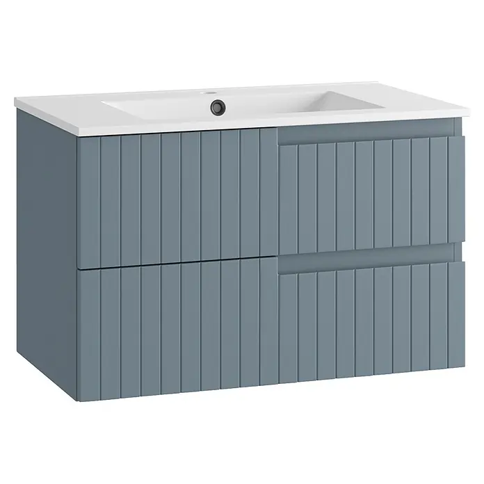 Mueble bajo de lavabo Claire - L x An x Al: 45 x 80 x 50 cm, Azul, 1 seno, salida central, Número de cajones: 2 ud. - Mueble de baño gris estriado con dos cajones y lavabo blanco integrado.