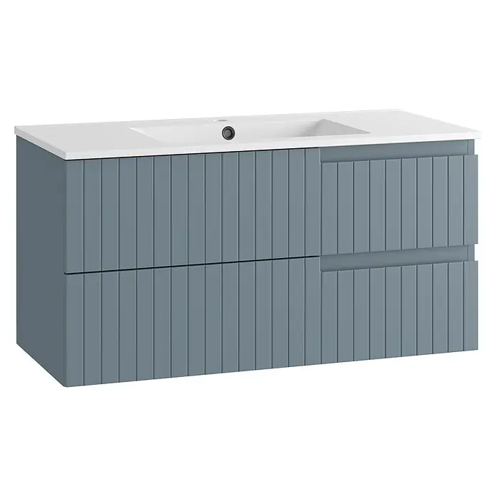 Mueble bajo de lavabo Claire - L x An x Al: 45 x 100 x 50 cm, Azul, 1 seno, salida central, Número de cajones: 2 ud. - Mueble de baño moderno gris con cajones estriados y encimera de lavabo blanco integrada.