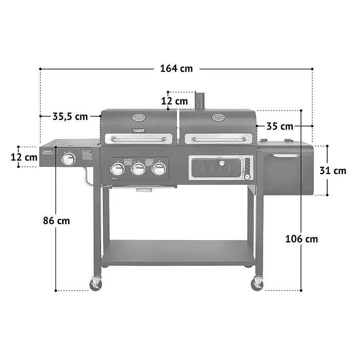 TAINO Holzkohlegrill HERO DUO - Schwarz - Schwarzer multifunktionaler BBQ-Smoker-Grill mit Seitenbrenner und zwei Garkammern, mit Maßen dargestellt.