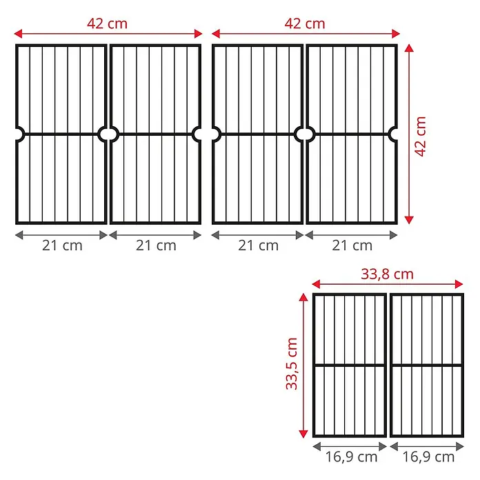 TAINO Holzkohlegrill HERO DUO - Schwarz - Zwei Sets schwarzer modularer Metallgitterplatten mit Maßen: großes Set 42x42cm, kleines Set 33.8x33.5cm.