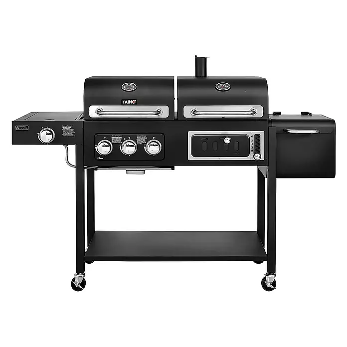 TAINO Holzkohlegrill HERO DUO - Schwarz - Schwarzer Gasgrill mit mehreren Kochzonen, inklusive Seitenbrenner und Pelletgrill, auf Rollen.