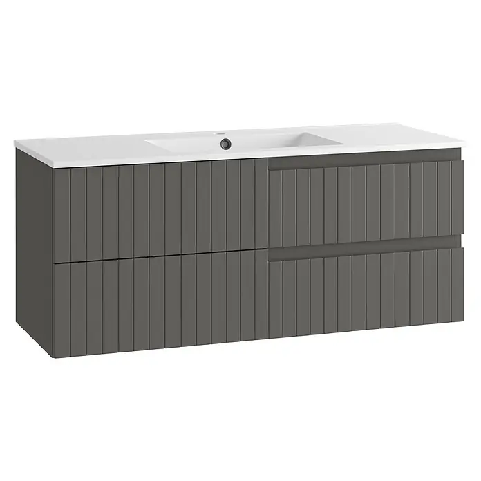 Mueble bajo de lavabo Claire - L x An x Al: 45 x 120 x 50 cm, Gris, 1 seno, salida central, Número de cajones: 2 ud. - Mueble de baño gris acanalado con dos cajones y lavabo blanco integrado.