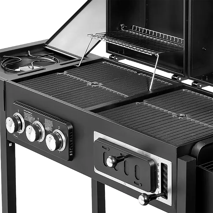 TAINO Holzkohlegrill HERO DUO - Schwarz - Schwarzer Holzkohlegrill mit Seitenbrenner, Drehknöpfen, Grillrosten und verstellbarem Kohlehöhenmechanismus.