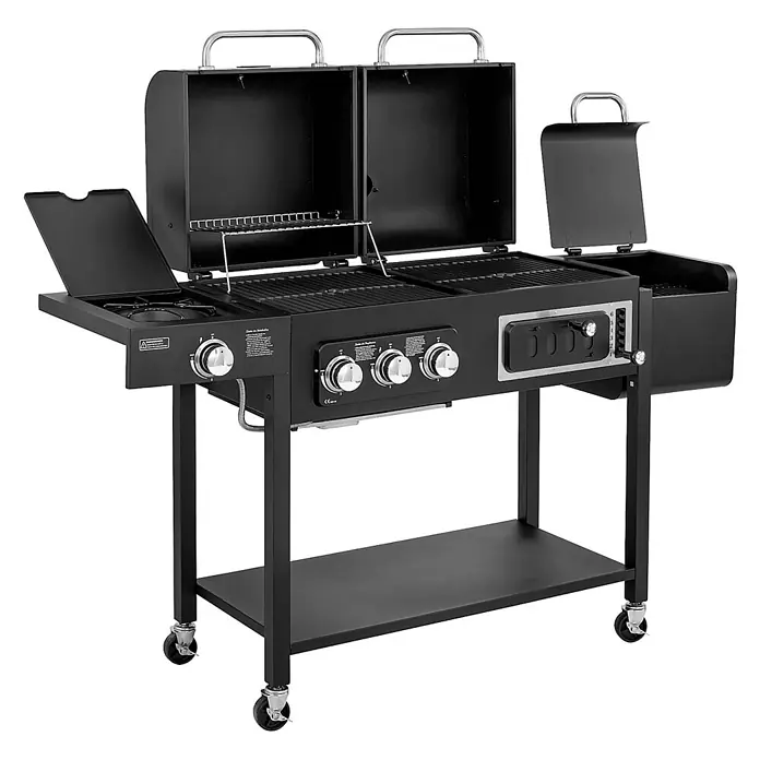 TAINO Holzkohlegrill HERO DUO - Schwarz - Schwarzer Multizonen-BBQ-Grill mit Seitenbrenner, Holzkohlebehälter und Ablage, auf Rollen.