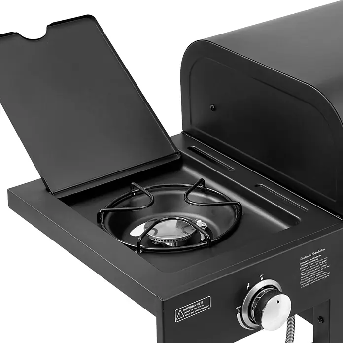 TAINO Holzkohlegrill HERO DUO - Schwarz - Schwarzer Gasgrill mit offenem Seitenbrenner, Metallrost, Brenner und Bedienknebel in mattschwarzem Finish.