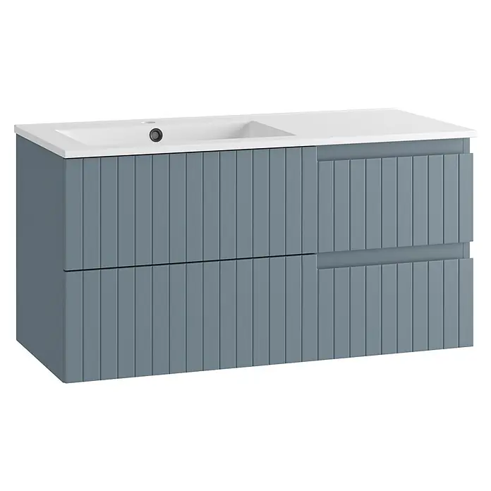 Mueble bajo de lavabo Claire - An x Pr x Al: 100 x 45 x 50 cm, Azul, 1 seno, sobreponer, salida izquierda - Mueble de baño azul grisáceo con dos cajones acanalados y lavabo blanco integrado.