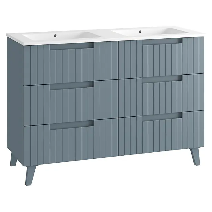 Mueble bajo de lavabo Claire - An x Pr x Al: 120 x 45 x 50 cm, Azul, 2 senos, sobreponer - Mueble de baño doble gris con dos lavabos blancos y cajones acanalados, sobre patas.