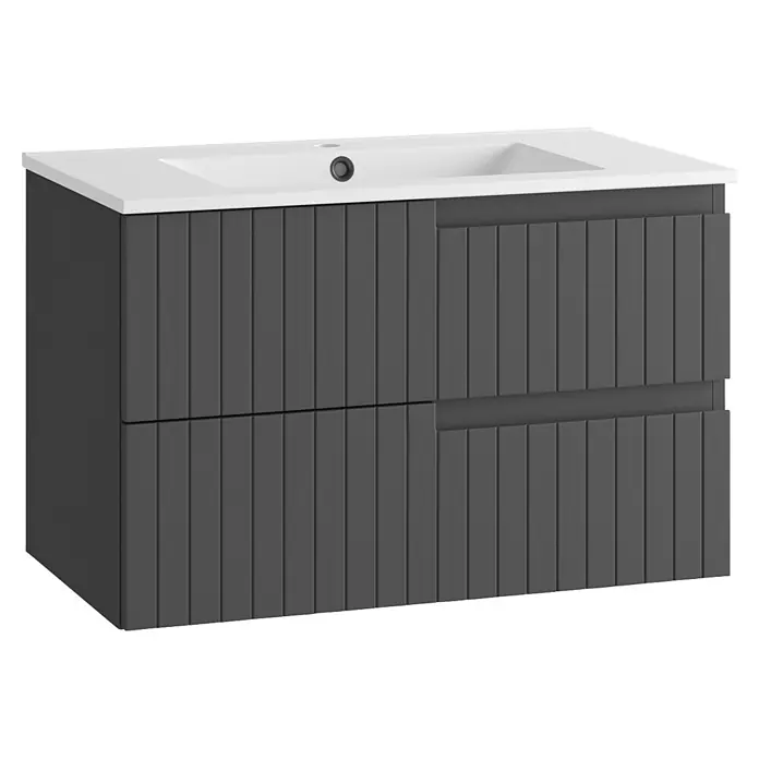 Mueble bajo de lavabo Claire - L x An x Al: 45 x 80 x 50 cm, Antracita, 1 seno, salida central, Número de cajones: 2 ud. - Mueble de baño gris oscuro acanalado con dos cajones y lavabo blanco integrado.