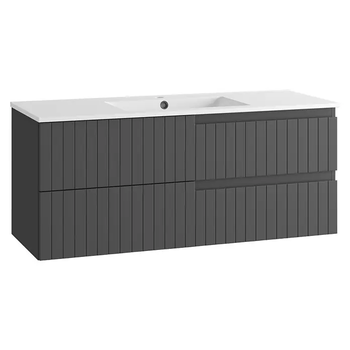 Mueble bajo de lavabo Claire - L x An x Al: 45 x 120 x 50 cm, Antracita, 1 seno, salida central, Número de cajones: 2 ud. - Mueble de baño acanalado antracita con lavabo integrado blanco y dos cajones.