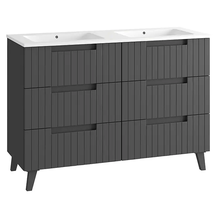 Mueble bajo de lavabo Claire - An x Pr x Al: 120 x 45 x 50 cm, Antracita, 2 senos, sobreponer - Mueble de baño doble gris oscuro con cajones acanalados, dos lavabos blancos y patas cónicas.