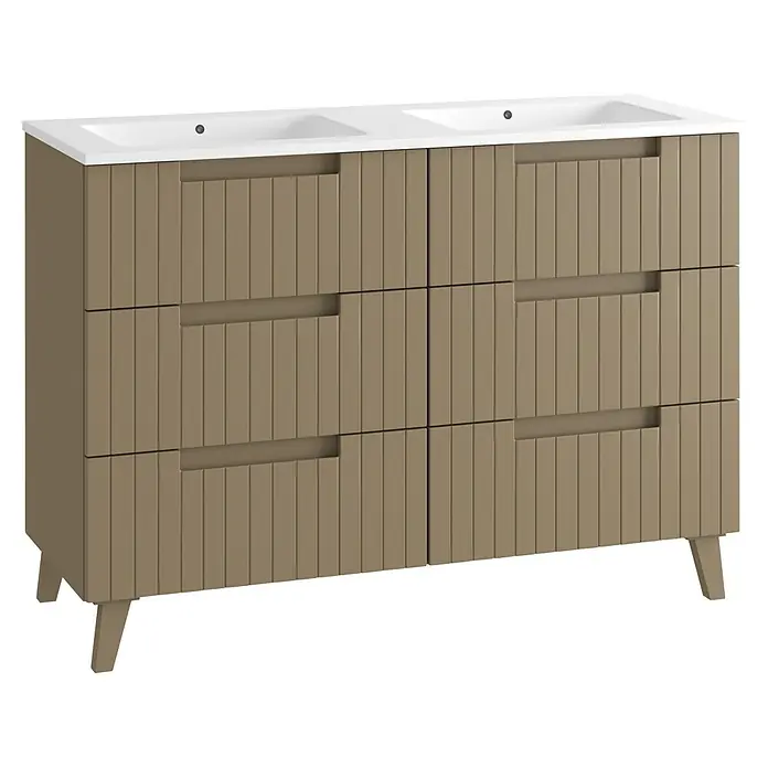 Mueble bajo de lavabo Claire - An x Pr x Al: 120 x 45 x 50 cm, Moka, 2 senos, sobreponer - Mueble de baño doble verde oliva con frentes acanalados, seis cajones, lavabos blancos y patas cónicas.