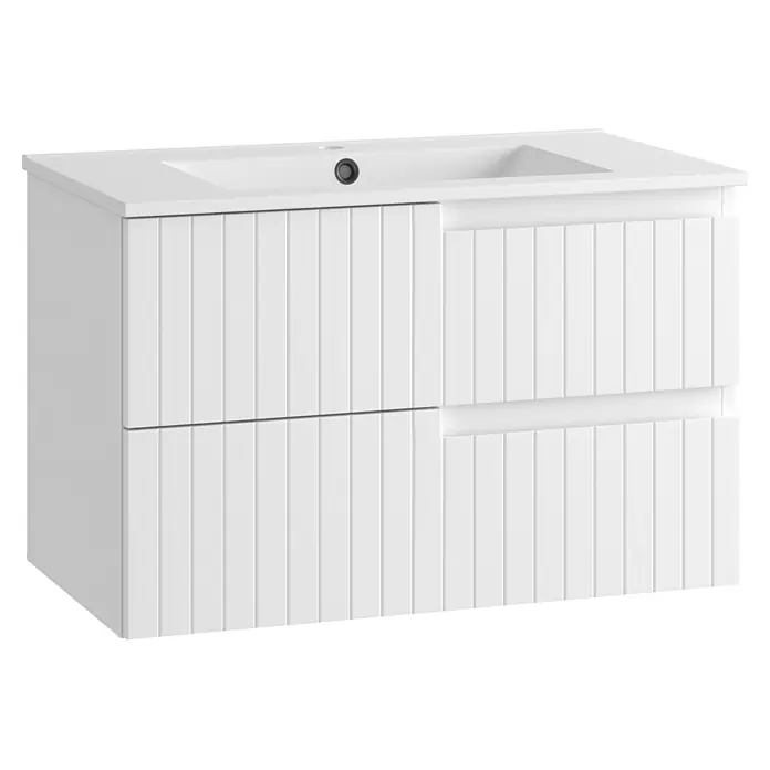 Mueble bajo de lavabo Claire - L x An x Al: 45 x 80 x 50 cm, Blanco, 1 seno, salida central, Número de cajones: 2 ud. - Mueble de baño blanco con lavabo integrado y frentes de cajón estriados verticalmente.
