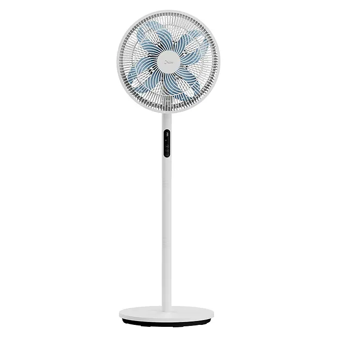 Midea Standventilator MFS352RDDW - Weiß, 40 cm, 130 cm - Moderner weißer Standventilator mit blauen Flügeln, Digitalanzeige und Bedienelementen.