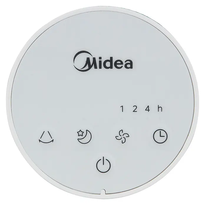 Midea Turmventilator MFZ402R0BPW - Weiß, 103,2 cm - Rundes weißes Midea Bedienfeld mit Ein-/Aus-Taste, Zeiteinstellungen (1, 2, 4 Std.) und Symbolen für Oszillation, Schlafmodus und Ventilator.