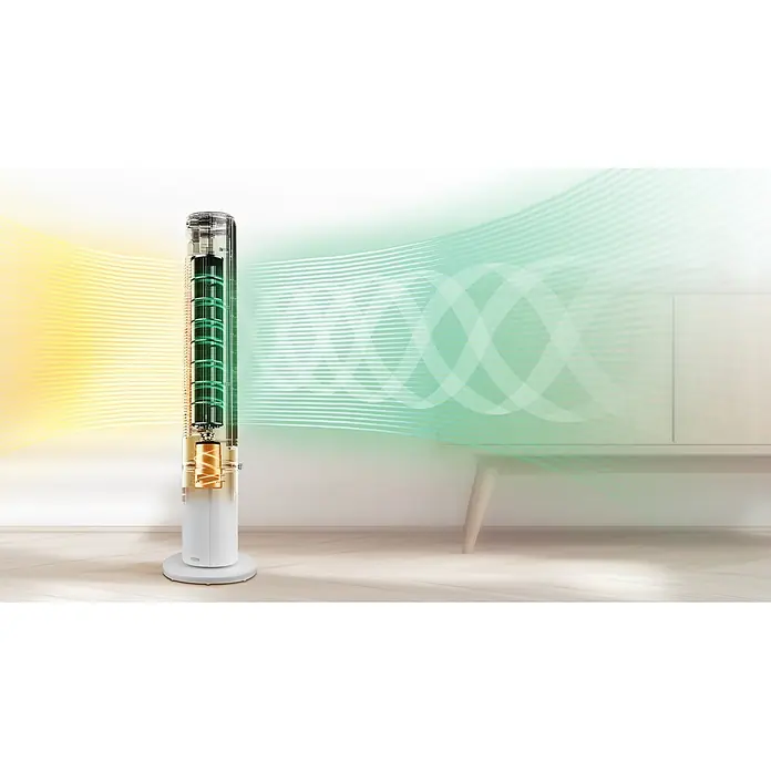Midea Turmventilator MFZ402R0BPW - Weiß, 103,2 cm - Hohes weißes Turmgerät, Schnittbild zeigt interne Elemente und doppelten gelben/grünen Luftstrom im Raum.