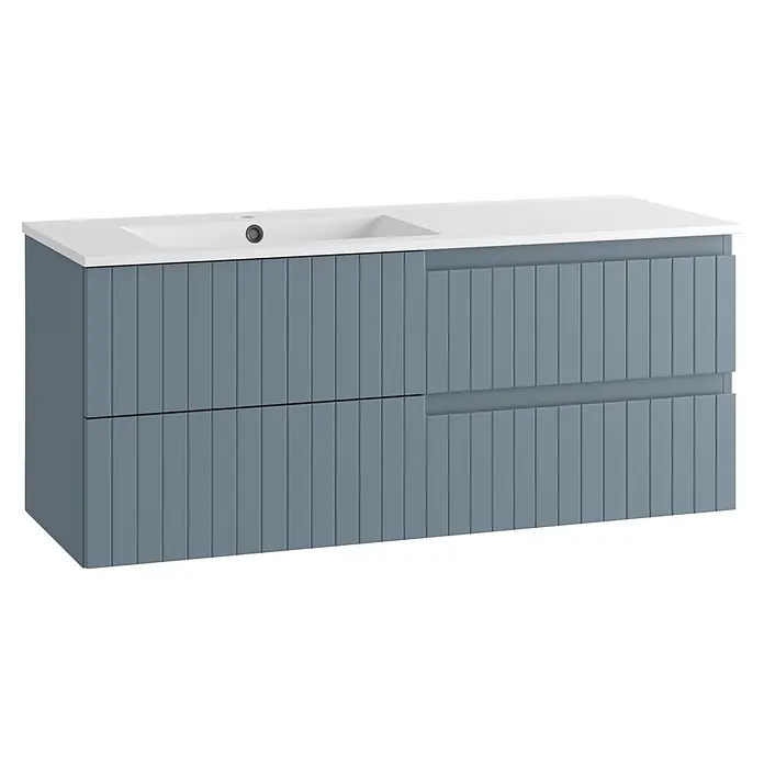 Mueble bajo de lavabo Claire - An x Pr x Al: 120 x 45 x 50 cm, Azul, 1 seno, sobreponer, salida izquierda - Mueble de baño gris acanalado con dos cajones y lavabo blanco integrado.
