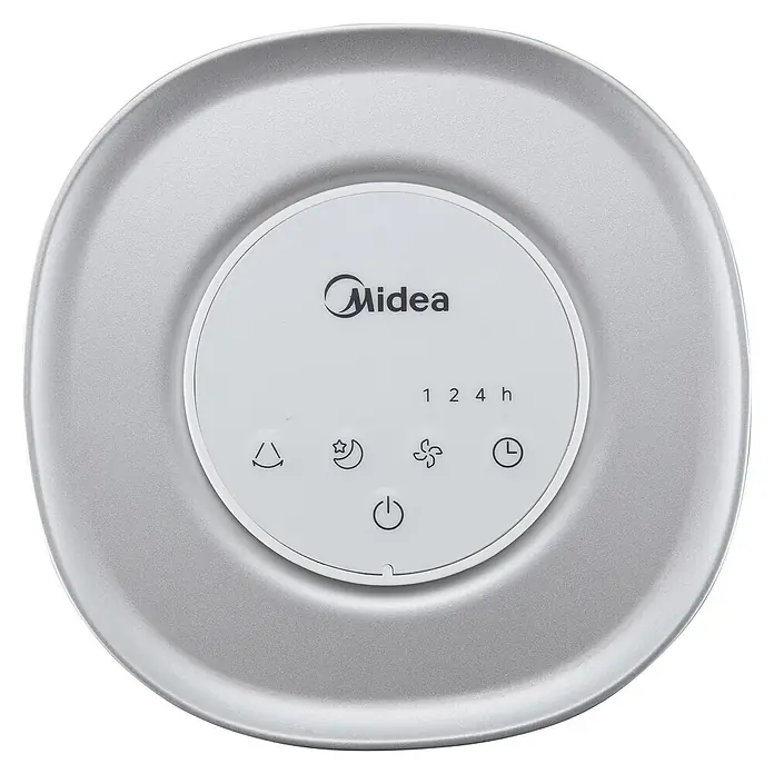 Midea Turmventilator MFZ402R0BPW - Weiß, 103,2 cm - Silbernes Midea-Bedienfeld mit weißer Mitte und Symbolen für Ein/Aus, Schlafmodus, Lüfter, Timer und Modus.