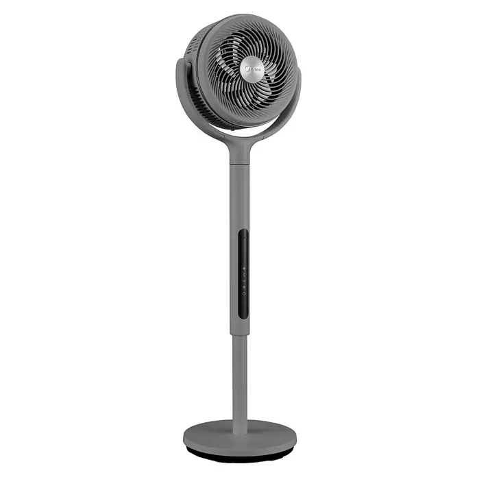 Midea Standventilator MCF25GRB - Grau, 34,5 cm, 112 cm - Grauer Midea Standventilator mit rundem Kopf, zylindrischem Ständer und rundem Fuß, mit Bedienfeld am Ständer.