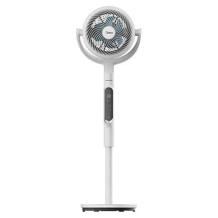Midea Standventilator MFS242RDDW - Weiß, 35 cm, 110 cm - Weißer Midea Standventilator mit Spiralgitter, blauen Flügeln und Digitalanzeige am verstellbaren Stiel.