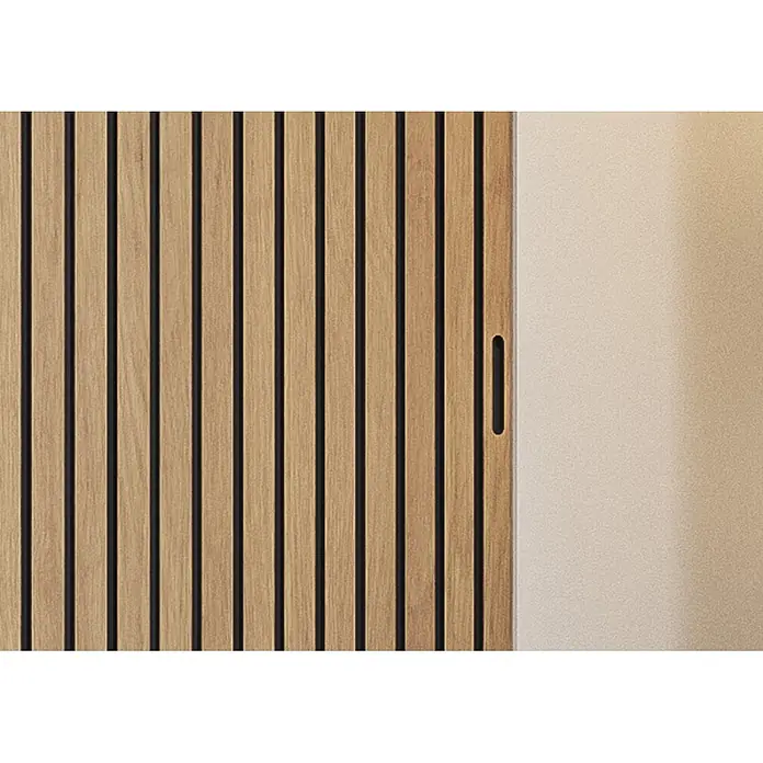 Optimum Schiebetür-Komplettset Claustra - 120 x 250 cm - Schiebetür aus hellen Holzlamellen mit schwarzen Fugen und schwarzem Griff, neben einer beigefarbenen Wand.