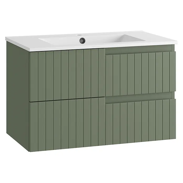 Mueble bajo de lavabo Claire - L x An x Al: 45 x 80 x 50 cm, Verde Olivo, 1 seno, salida central, Número de cajones: 2 ud. - Mueble de baño acanalado verde salvia con dos cajones y lavabo cerámico blanco integrado.