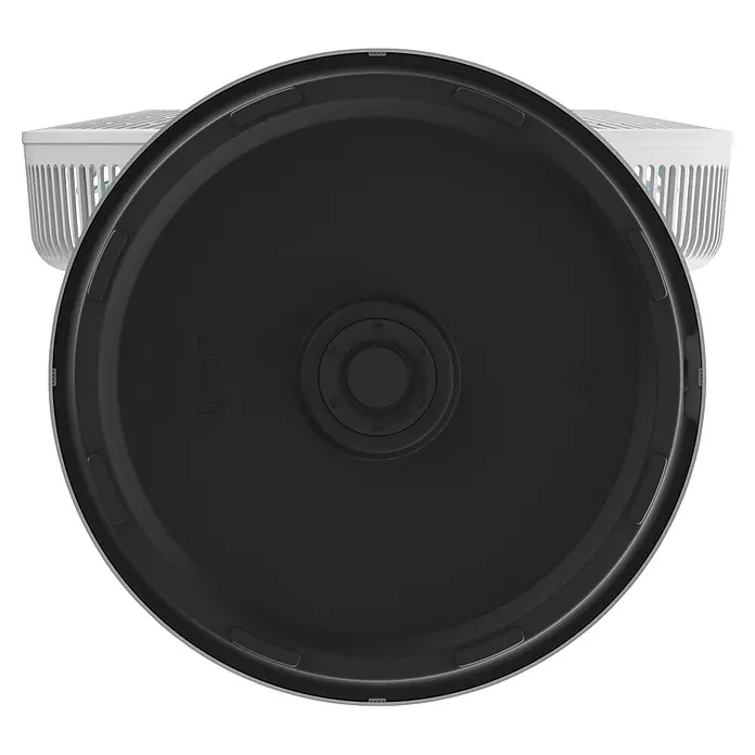 Midea Standventilator MFS352RDDW - Weiß, 40 cm, 130 cm - Dunkelgrauer runder Deckel mit Text TF-151, LQ-01, 2.8KG und Recyclingsymbol, der einen weißen Gitterkorb teilweise bedeckt.