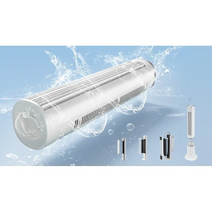 Midea Turmventilator MFZ402R0BPW - Weiß, 103,2 cm - Weißes zylindrisches Filterelement mit Lamellen, das von Wasser umspült wird, um Waschbarkeit zu zeigen; Explosionszeichnungen zeigen interne Komponenten.