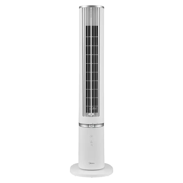 Midea Turmventilator MFZ402R0BPW - Weiß, 103,2 cm - Weißer Midea EasyClean Turmventilator mit silbernen Details, schwarzen Luftgittern und Bedienelementen an der Basis.
