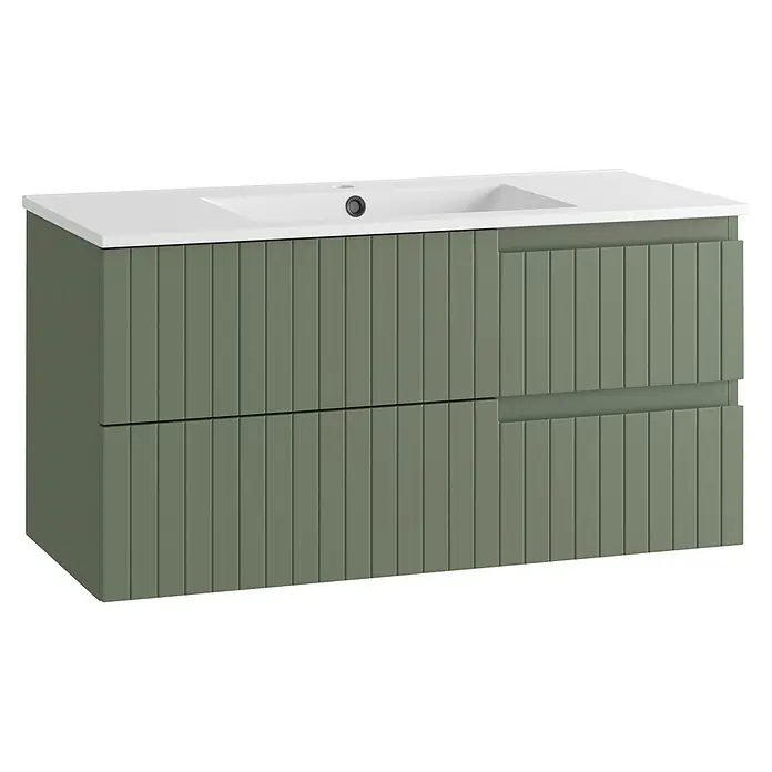 Mueble bajo de lavabo Claire - L x An x Al: 45 x 100 x 50 cm, Verde Olivo, 1 seno, salida central, Número de cajones: 2 ud. - Mueble de baño verde acanalado con lavabo blanco integrado y dos cajones.