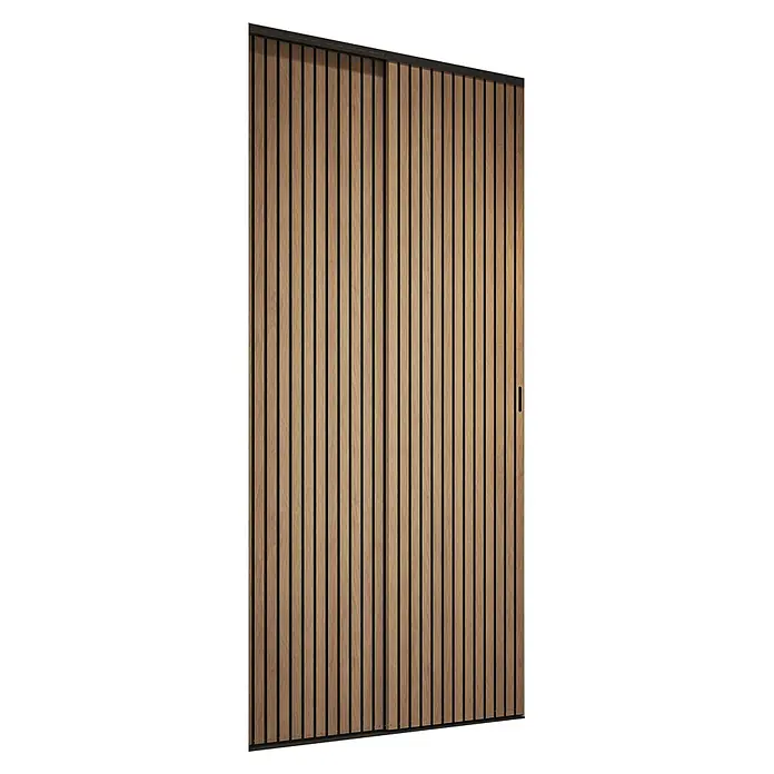 Optimum Schiebetür-Komplettset Claustra - 120 x 250 cm - Helle Holzlamellen-Schiebetür mit dunklen horizontalen und vertikalen Schienen.