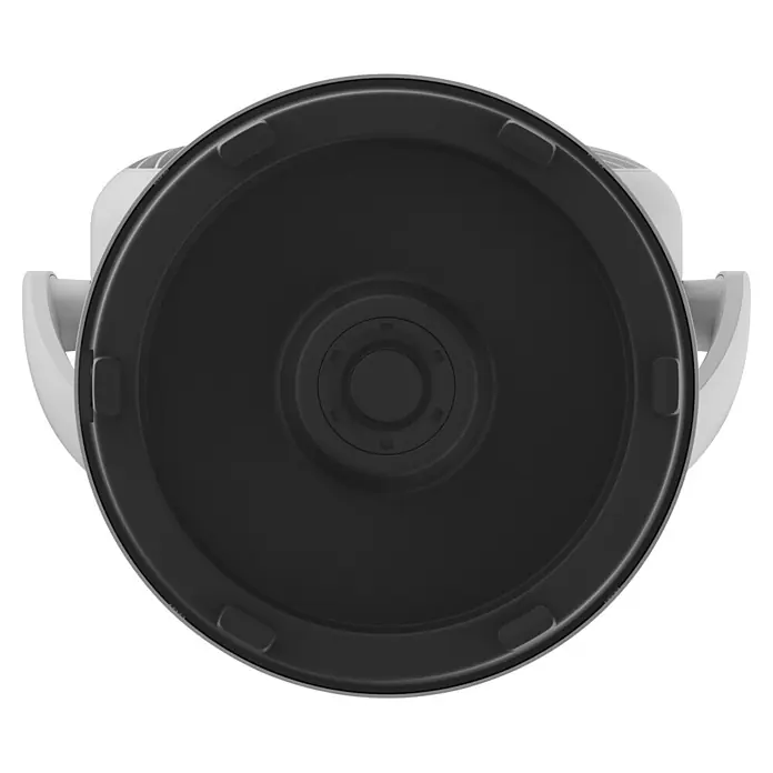 Midea Standventilator MFS242RDDW - Weiß, 35 cm, 110 cm - Dunkelgraues rundes Gerätezubehörteil, Draufsicht, mit zentralem Drehmechanismus und hellgrauen Seitenstützen.