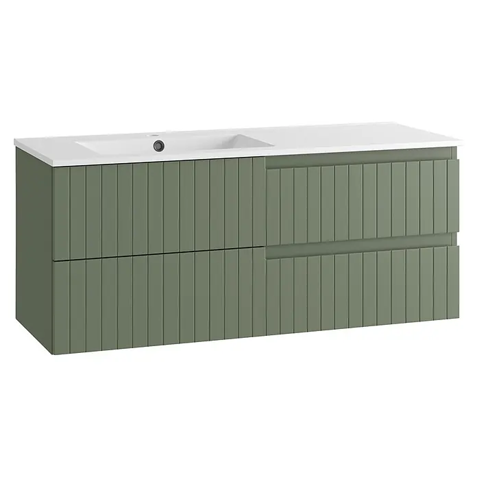 Mueble bajo de lavabo Claire - An x Pr x Al: 120 x 45 x 50 cm, Verde Olivo, 1 seno, sobreponer, salida izquierda - Mueble de baño verde salvia acanalado con lavabo integrado blanco y dos cajones.