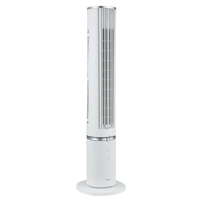 Midea Turmventilator MFZ402R0BPW - Weiß, 103,2 cm - Weißer Turmventilator mit schlankem Design, silbernen Akzenten und Bedientasten an der Basis. Vertikale Lüftungsschlitze und Midea-Logo.