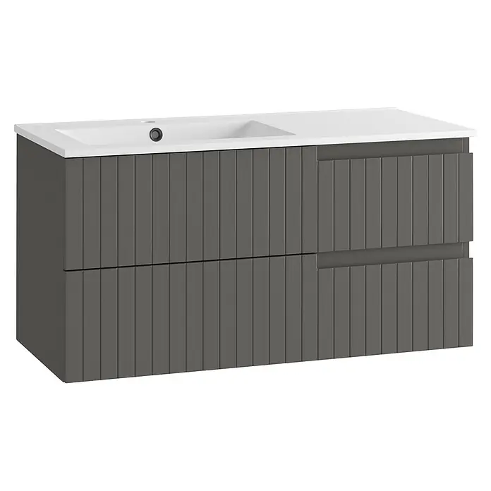 Mueble bajo de lavabo Claire - An x Pr x Al: 100 x 45 x 50 cm, Gris, 1 seno, sobreponer, salida izquierda - Mueble de baño gris moderno con lavabo blanco integrado y dos cajones con diseño de lamas verticales.