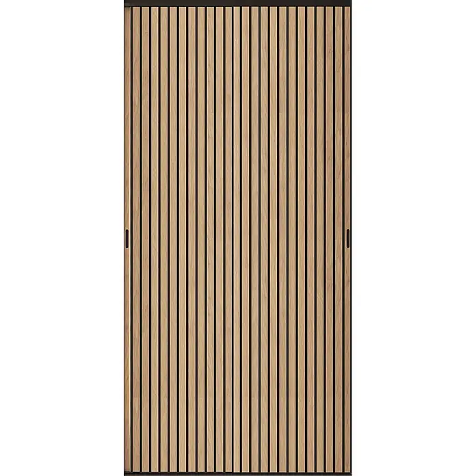 Optimum Schiebetür-Komplettset Claustra - 120 x 250 cm - Helle Holzlamellen-Schiebetür mit dunklen Zwischenräumen und schwarzen Griffen.