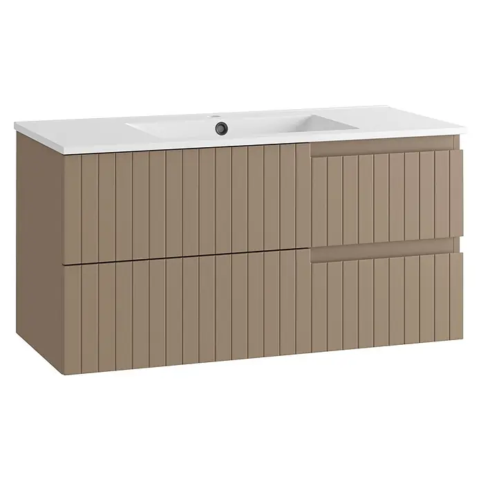 Mueble bajo de lavabo Claire - L x An x Al: 45 x 100 x 50 cm, Moka, 1 seno, salida central, Número de cajones: 2 ud. - Mueble de baño taupe de dos cajones con frontal estriado y lavabo blanco integrado.