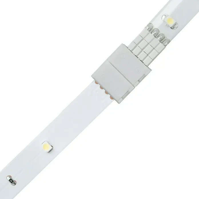 Paulmann Enchufe de conexión YourLED ECO - Blanco - Primer plano de una tira de luz LED con un conector que une dos tiras para una solución de iluminación perfecta.