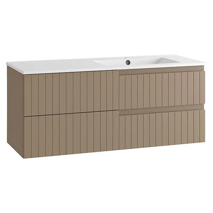 Mueble bajo de lavabo Claire - L x An x Al: 45 x 120 x 50 cm, Moka, 1 seno, salida central, Número de cajones: 2 ud. - Mueble de baño suspendido con armario acanalado marrón claro y encimera con lavabo blanco integrado.