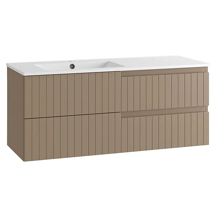 Mueble bajo de lavabo Claire - An x Pr x Al: 120 x 45 x 50 cm, Moka, 1 seno, sobreponer, salida izquierda - Mueble de baño moderno color topo acanalado con lavabo blanco integrado y cajones.