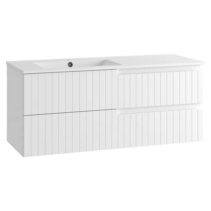 Mueble bajo de lavabo Claire - An x Pr x Al: 120 x 45 x 50 cm, Blanco, 1 seno, sobreponer, salida izquierda - Mueble de baño blanco con lavabo integrado y frentes de cajón acanalados.