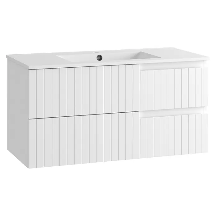 Mueble bajo de lavabo Claire - L x An x Al: 45 x 100 x 50 cm, Blanco, 1 seno, salida central, Número de cajones: 2 ud. - Mueble de baño blanco con lavabo integrado y diseño de dos cajones acanalados.