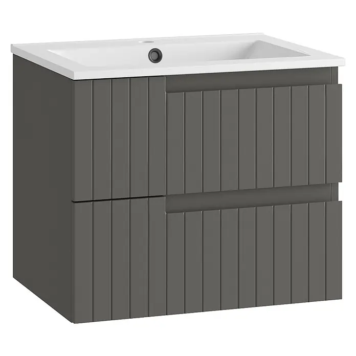 Mueble bajo de lavabo Claire - L x An x Al: 45 x 60 x 50 cm, Gris, 1 seno, salida central, Número de cajones: 2 ud. - Mueble de baño gris oscuro con cajones estriados y lavabo cerámico blanco integrado.