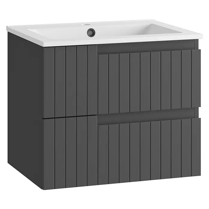 Mueble bajo de lavabo Claire - L x An x Al: 45 x 60 x 50 cm, Antracita, 1 seno, salida central, Número de cajones: 2 ud. - Mueble de baño gris oscuro con dos cajones acanalados y lavabo de cerámica blanco integrado.