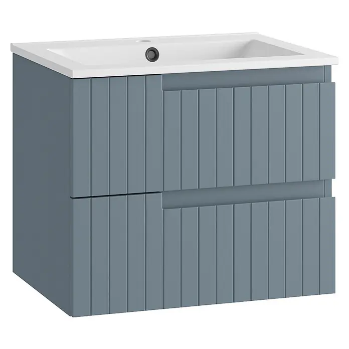 Mueble bajo de lavabo Claire - L x An x Al: 45 x 60 x 50 cm, Azul, 1 seno, salida central, Número de cajones: 2 ud. - Mueble de baño gris estriado con dos cajones y lavabo de cerámica blanco.