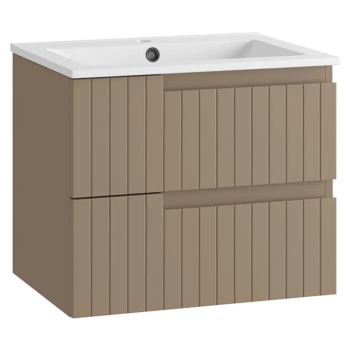Mueble bajo de lavabo Claire - L x An x Al: 45 x 60 x 50 cm, Moka, 1 seno, salida central, Número de cajones: 2 ud. - Mueble de baño moderno marrón claro con lavabo blanco y frentes de cajón estriados.